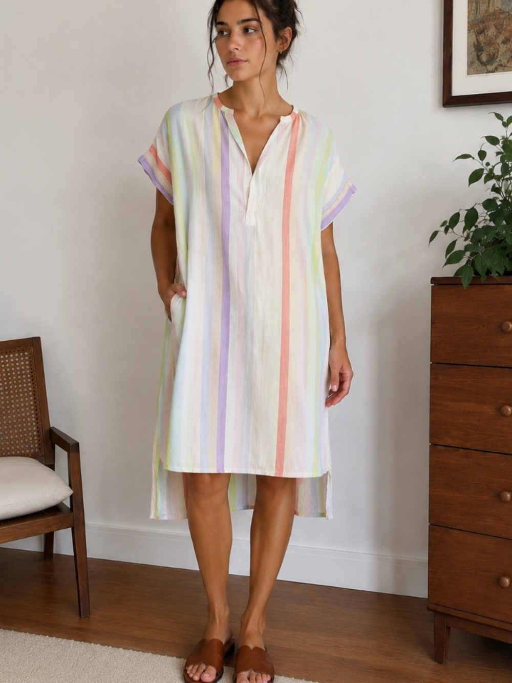 GAP Pastel Stripe Tunic Dress Linen Blend Beach Cover-Up Boho M